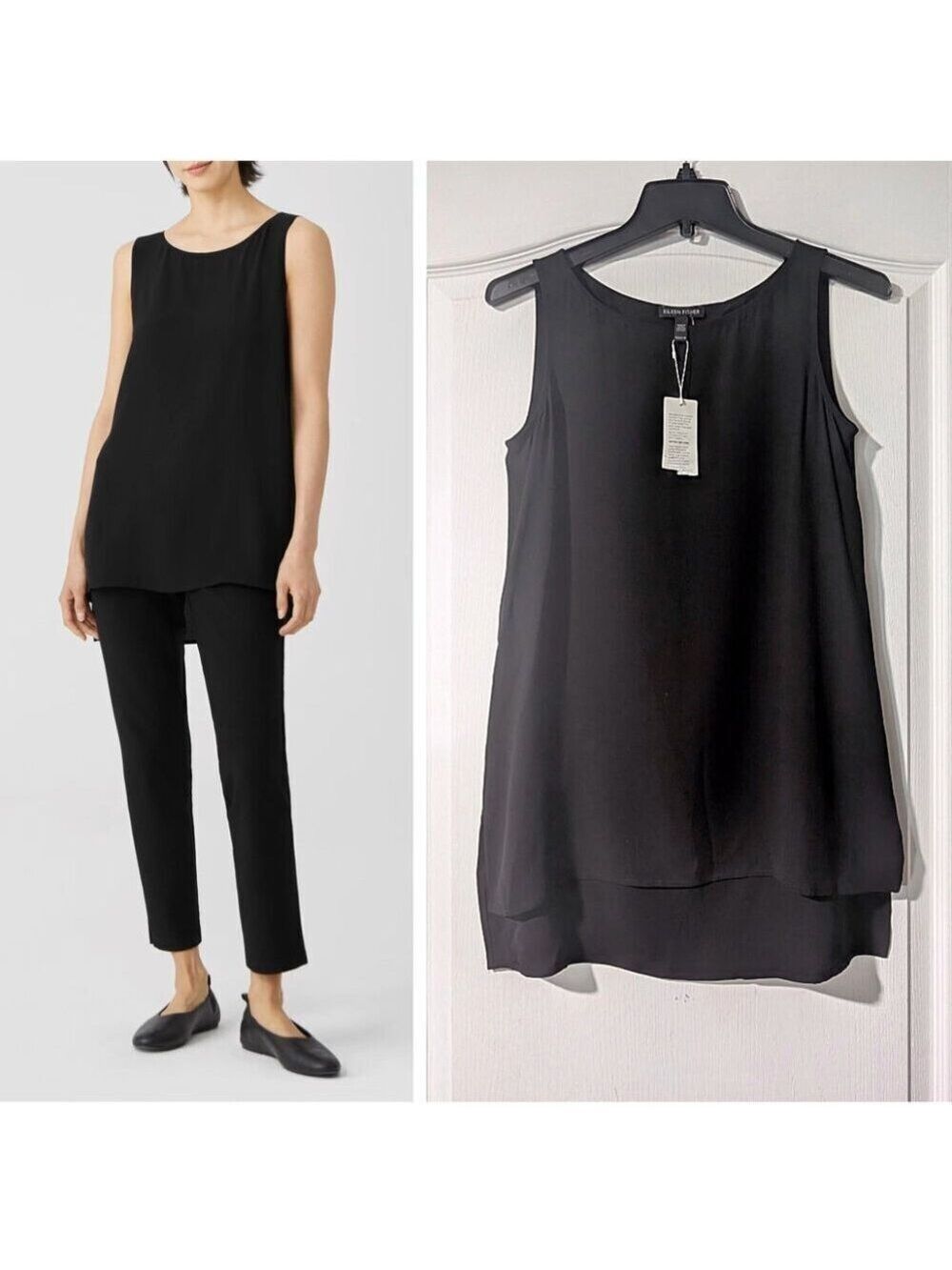 Eileen Fisher | Silk Georgette Crepe Bateau Neck Tank In Black